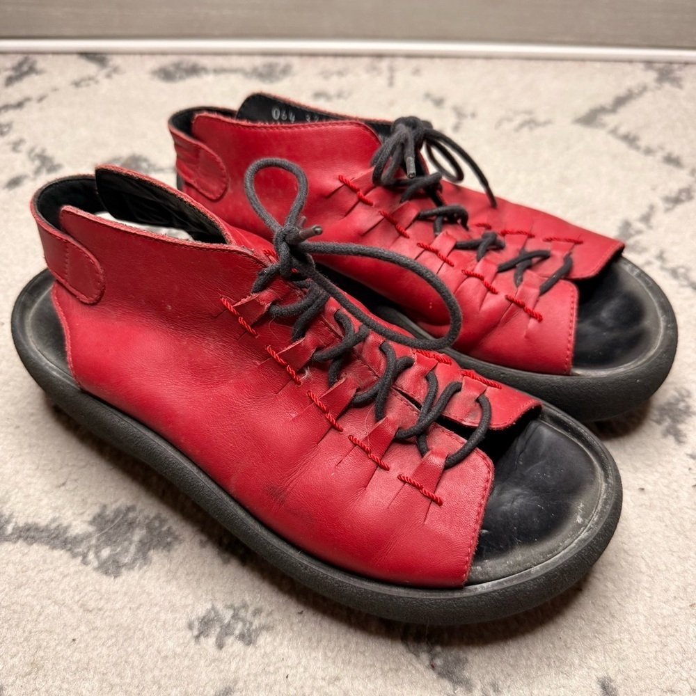 WOLKY Y2K Chunky Platform Red Leather Peep Toe Lace Up Sandals